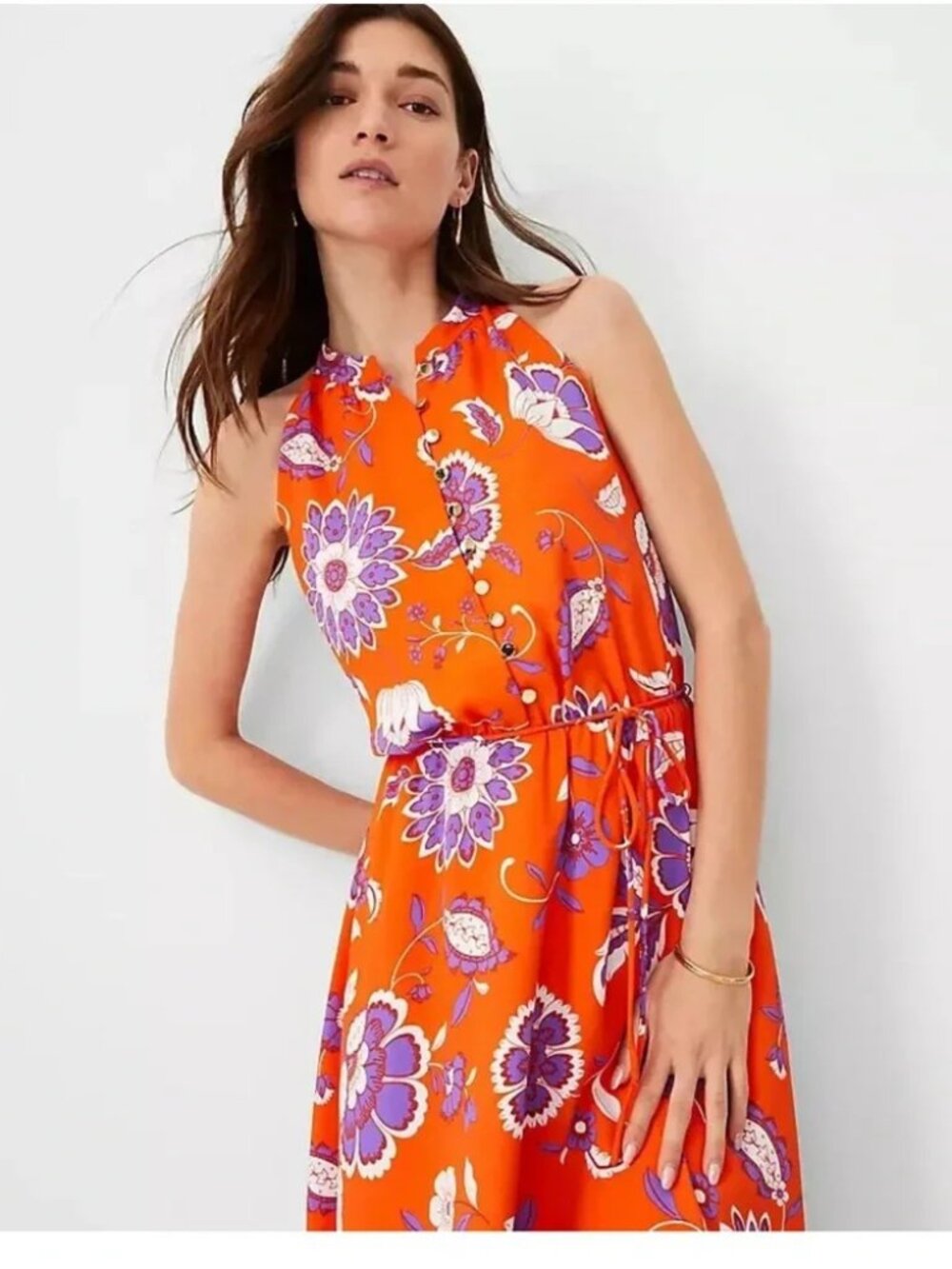 Ann Taylor Women's Halter Flare Dress Flame Azalea Size 10P